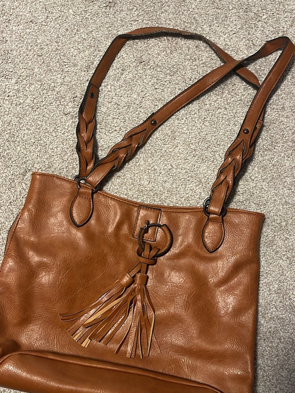 Women's Tan Leather Tassel Tote Bag